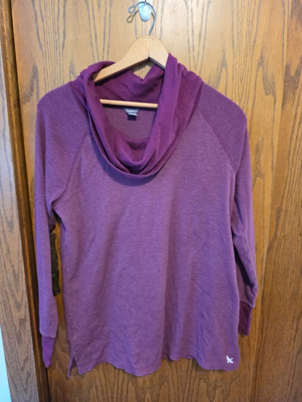 Eddie Bauer Waffle Knit Cowl Neck Tunic Pullover Plum Purple Thumbholes Womens X